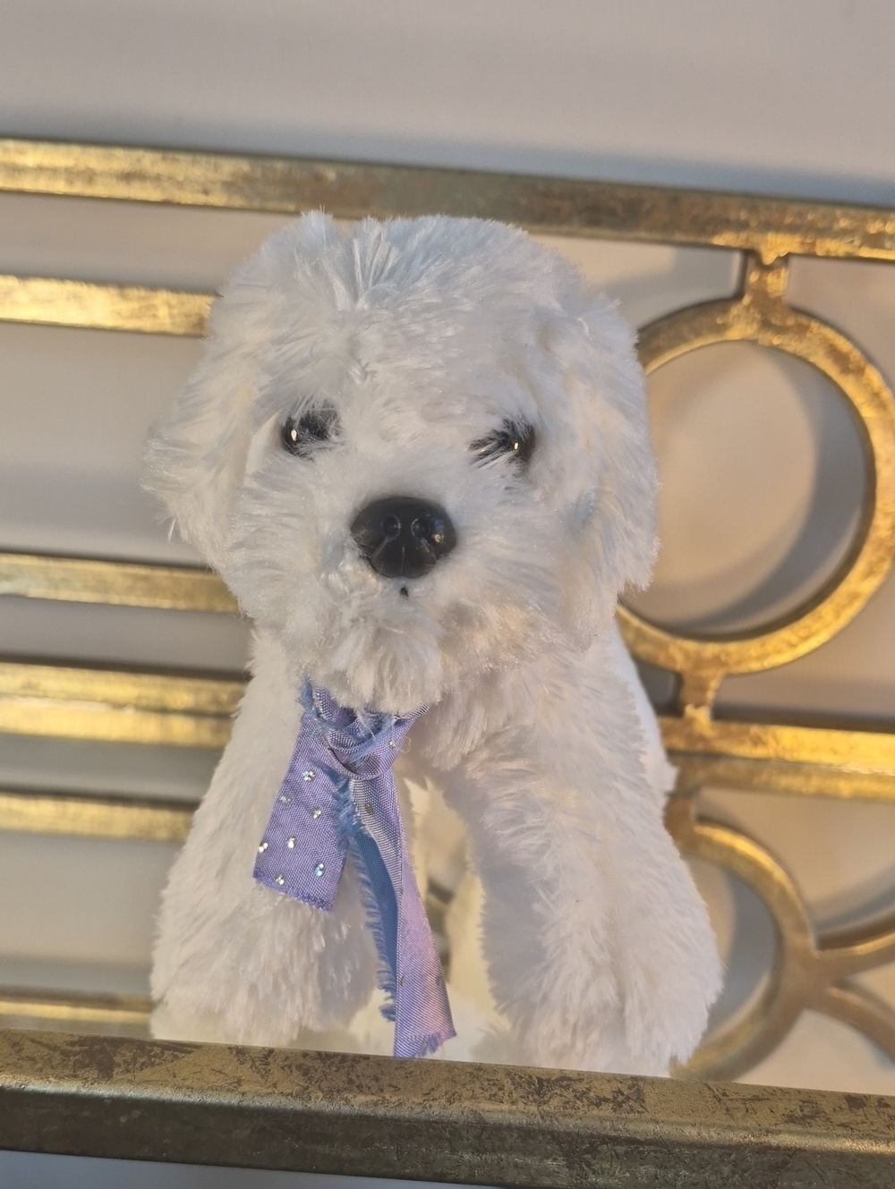 Aurora Bichon Frise White Dog Plush W Purple Scarf-Vintage Soft, 5.5", White.
